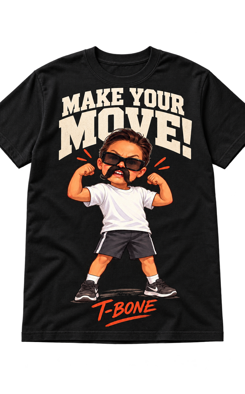 Black Make Your Move T-shirt featuring T-Bone flexing, cream lettering and orange T-Bone signature